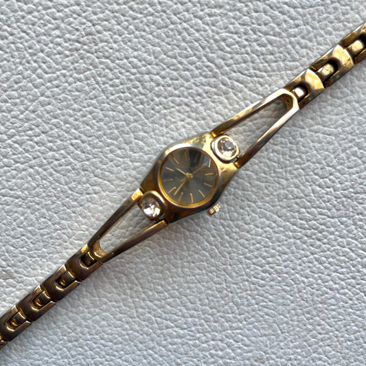 ❦ -Working- Q&Q Gold Jeweled Dainty Watch With Greyish Blue Interior