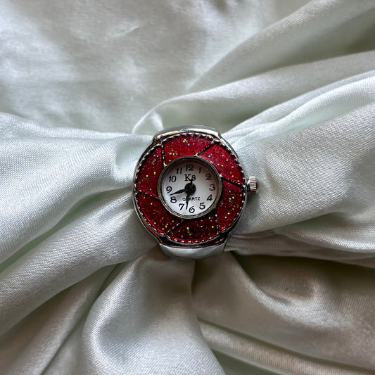 ❦ Red Glitter Abstract Flower Detail Watch Ring