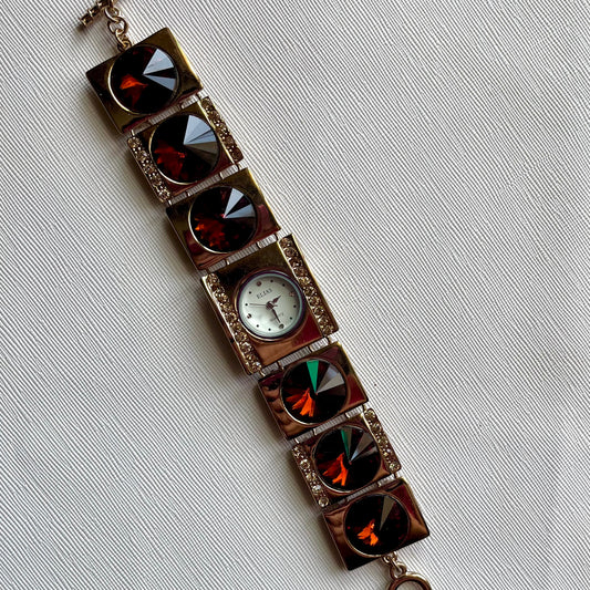 ❦︎ -Working- Brown Stone Rhinestone Gold Japanese Movt Watch